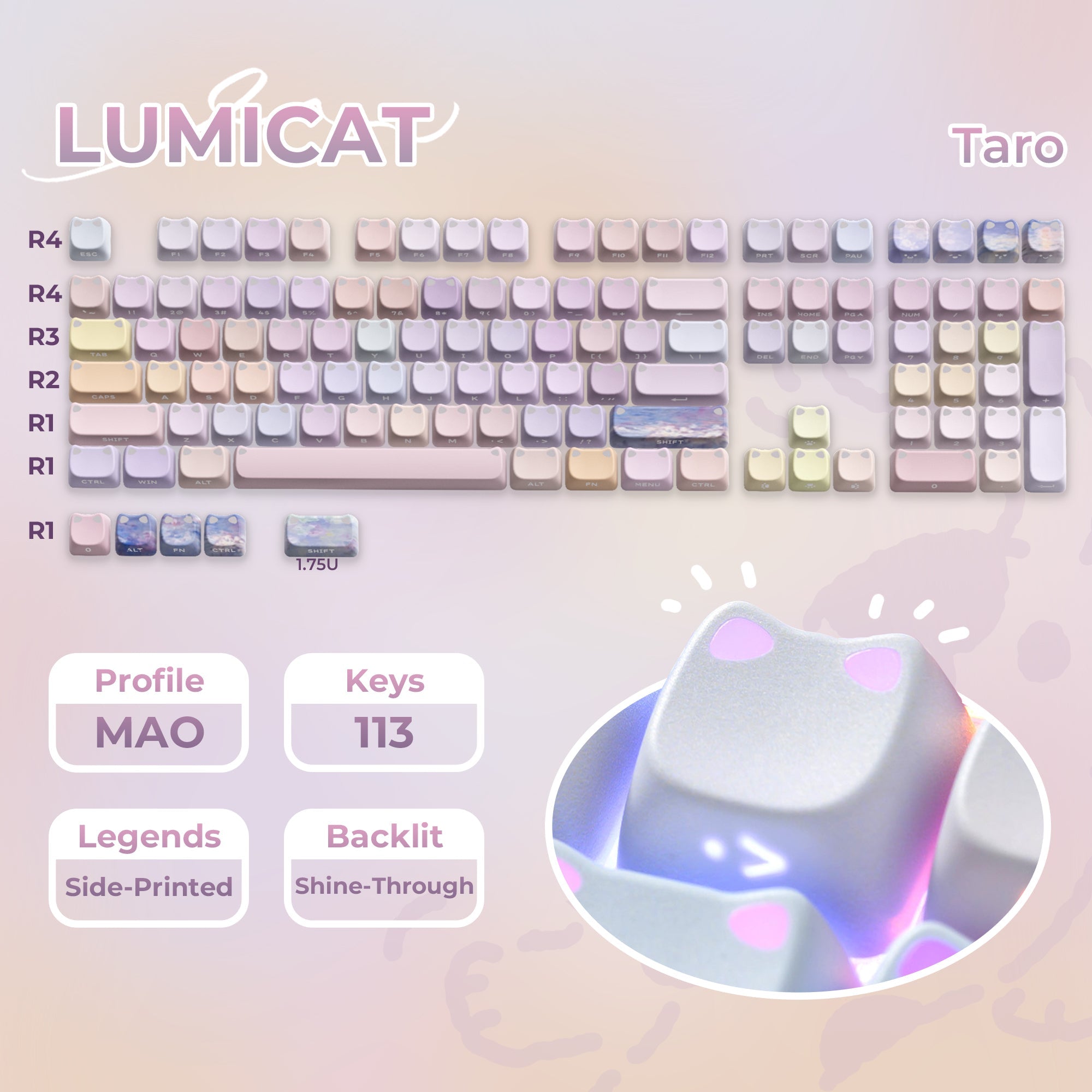 XVX Lumicat MAO Profile Side-Printed Shine-Through 113-Key Keycap Set